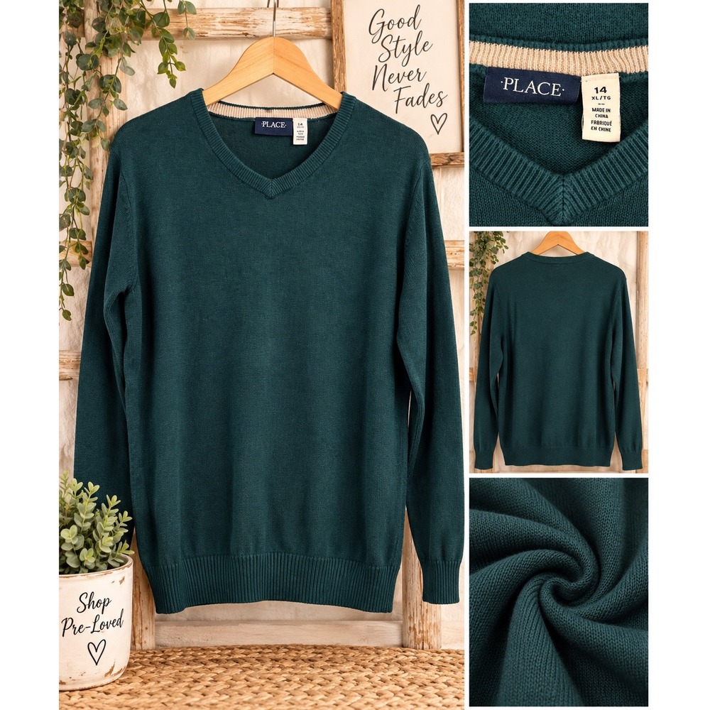 The Childrens Place Boys XL 14 V-Neck Sweater Dark Teal Green Long Sleeve Knit